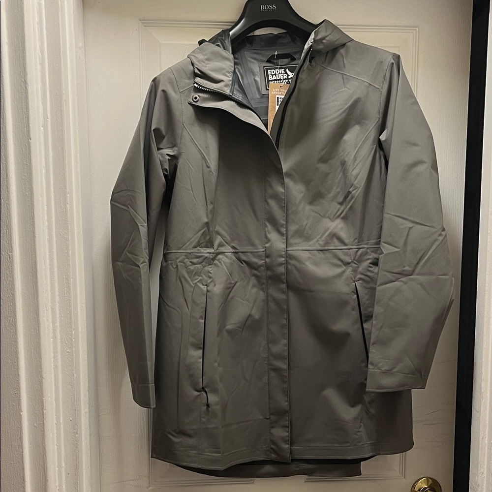 Eddie Bauer Cloud Cap Stretch Hooded Rain Jacket.  Color is Sprig.